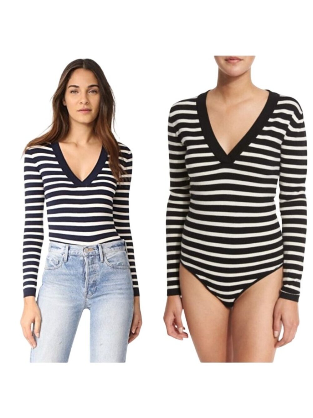 Veronica Beard Navy Decade Striped Merino Blend Vneck Long Sleeve Bodysuit Large